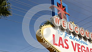 Welcome to fabulous Las Vegas retro neon sign in gambling tourist resort, USA. Iconic vintage banner as symbol of casino