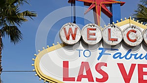 Welcome to fabulous Las Vegas retro neon sign in gambling tourist resort, USA. Iconic vintage banner as symbol of casino, games of