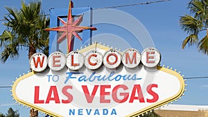 Welcome to fabulous Las Vegas retro neon sign in gambling tourist resort, USA. Iconic vintage banner as symbol of casino, games of