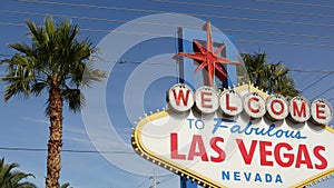 Welcome to fabulous Las Vegas retro neon sign in gambling tourist resort, USA. Iconic vintage banner as symbol of casino, games of