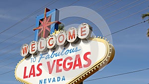 Welcome to fabulous Las Vegas retro neon sign in gambling tourist resort, USA. Iconic vintage banner as symbol of casino, games of