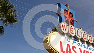 Welcome to fabulous Las Vegas retro neon sign in gambling tourist resort, USA. Iconic vintage banner as symbol of casino, games of