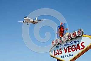 Welcome to Fabulous Las Vegas Sign with Arriving Airplane