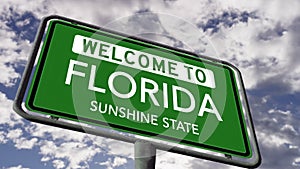 Welcome to Florida, USA Road Sign, Sunshine State Nickname, Realistic Animation