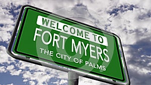 Welcome to Fort Myers, Florida, the City of Palms, USA Road Sign Close Up