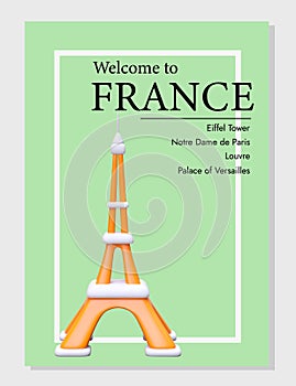 Welcome to France. Color tourist postcard with list of most famous places