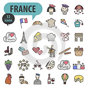 Welcome to France. Colored vector icons about France with strokes. Sights of France
