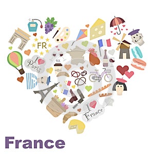 Welcome to France. Colored vector icons about France in the shape of a heart. Sights of France