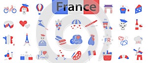 Welcome to France. Sights of France in the colors of the French flag. Vector icons about France