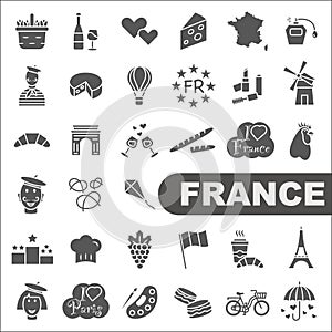 Welcome to France. Sights of France. Dark icons. Vector icons about France