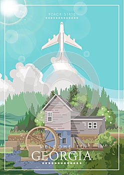 Welcome to Georgia USA card. Peach state vector poster. Travel background in flat style.