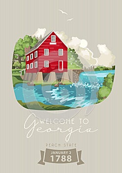 Welcome to Georgia USA flyer. Peach state vector poster. Travel background in flat style.