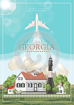 Welcome to Georgia USA postcard. Peach state vector poster. Travel background in flat style.