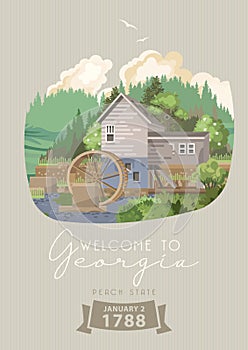 Welcome to Georgia USA template. Peach state vector poster. Travel background in flat style.