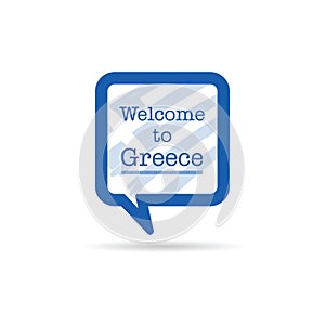 Welcome to greece in square spech bubble illustration in blue