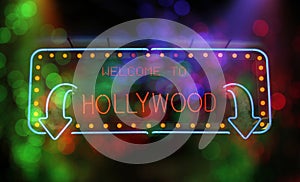 Welcome To Hollywood Neon Sign with arrows and Bokeh