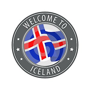 Welcome to Iceland. Gray stamp with a waving country flag.