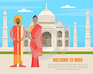 Welcome to India Banner Template, Indian Couple Wearing Traditional Costume Standing in front of Taj Mahal Building