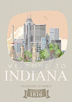 Welcome to Indiana state. United States of America. Crossroads of America. Postcard from Indianapolis. Travel vector