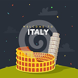 Welcome to Italy, poster, banner or flyer with Colosseum, Rome a