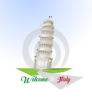 Welcome to Italy poster with famous attraction vector illustration. Travel design with Leaning Tower of Pisa on white