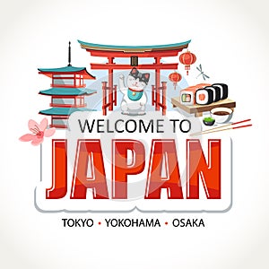 Welcome to Japan emblem lettering sights symbols photo