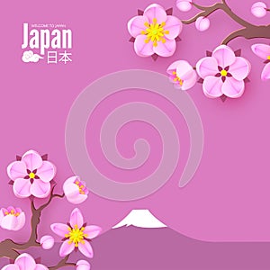 Welcome to Japan. Japanese landscape with Fuji mountain and sakura blossom. Asian background