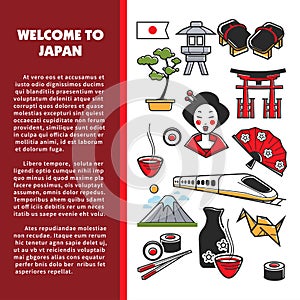 Welcome to Japan Japanese symbols banner traveling and tourism