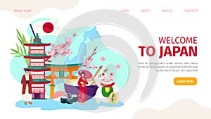 Welcome to japan, travel landing banner design, vector illustration. Asia tourism for culture, fuji landmark and sakura