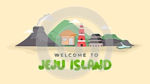 Welcome to jeju island background on yellow background. Welcome to Jeju island in South Korea, traditional landmarks, symbols,