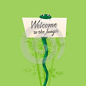 Welcome to the Jungle. The snake holds in its mouth a sign with the inscription. Vector illustration