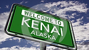 Welcome to Kenai, Alaska, USA City Road Sign Close Up Realistic 3D Animation