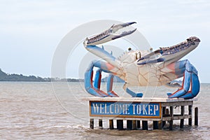 Welcome to Kep Crab statue, city plate, in Cambodia Sea Coast wi