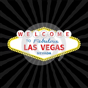 Welcome to Las Vegas sign icon. Classic retro symbol. Nevada sight showplace. Flat design. Black starburst sunburst background.