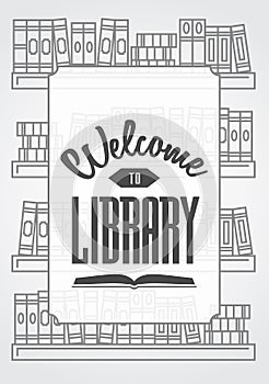 Welcome to library poster or card concept with outline Books on the shelves.