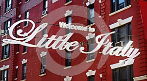 `Welcome to Little Italy` sign in Italian community named Little Italy in downtown Manhattan, New York City.