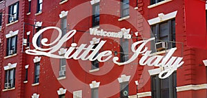 `Welcome to Little Italy` sign in Italian community named Little Italy in downtown Manhattan, New York City.