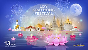 Welcome to Loy Krathong festival in building and landmark thailand banners photo