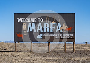 `Welcome to Marfa` sign along Highway 90 coming into town. photo