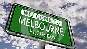 Welcome to Melbourne, Florida. US City Road Sign Close Up Realistic 3D Animation