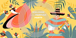 Welcome to mexican party banner with musician and dancing girl in traditional costumes, tequila and plants