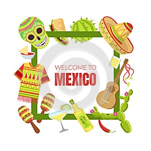 Welcome to Mexico Banner Template with Travelling Symbols of Square Frame Vector Illustration