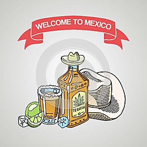 Welcome to Mexico. Tequila bar banner, poster vector illustration. Glass with sugar and bottle of tequila, slices of