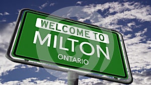 Welcome to Milton, Ontario. Canadian City Road Sign Close Up Realistic Animation