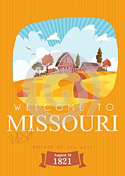 Welcome to Missouri. Tourist postcard and souvenir. Beautiful places of the United States of America on poste