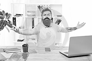 Welcome to my kingdom. King of office. Head of department. Man bearded manager businessman entrepreneur wear crown. Top