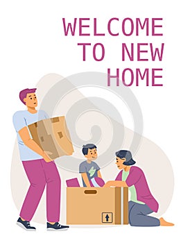 Welcome to new home and house moving banner, flat vector illustration.