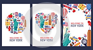 Welcome to New York greeting souvenir cards, print or poster design template. Travel to USA flat illustration.