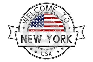 Welcome to New York, USA stamp. Colored decorative tourist stamp with national flag