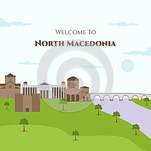 Welcome to North Macedonia vector flat illustration with famous building landmark such as St. John the Theologian, Samoil`s